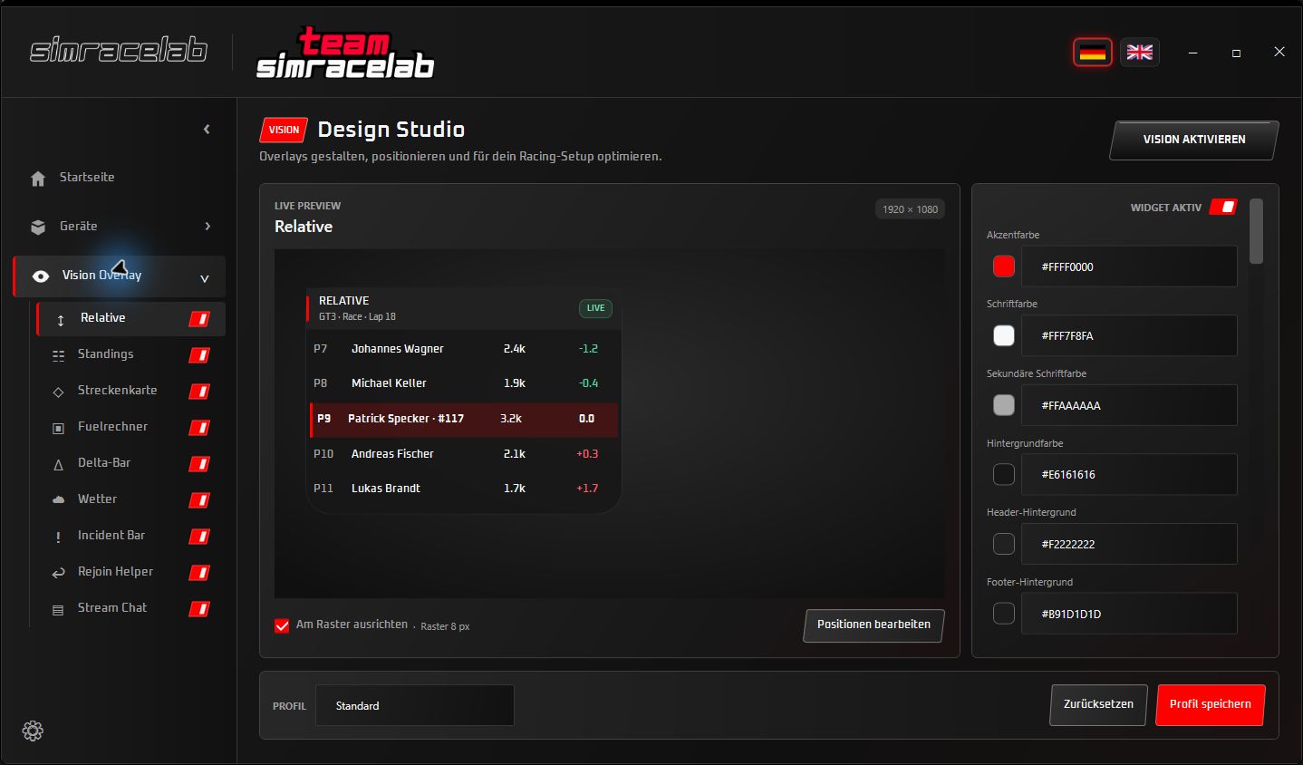 Echtes Vision Design Studio in Simracelab Control