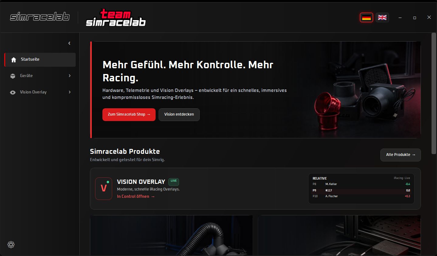 Echte Startseite von Simracelab Control
